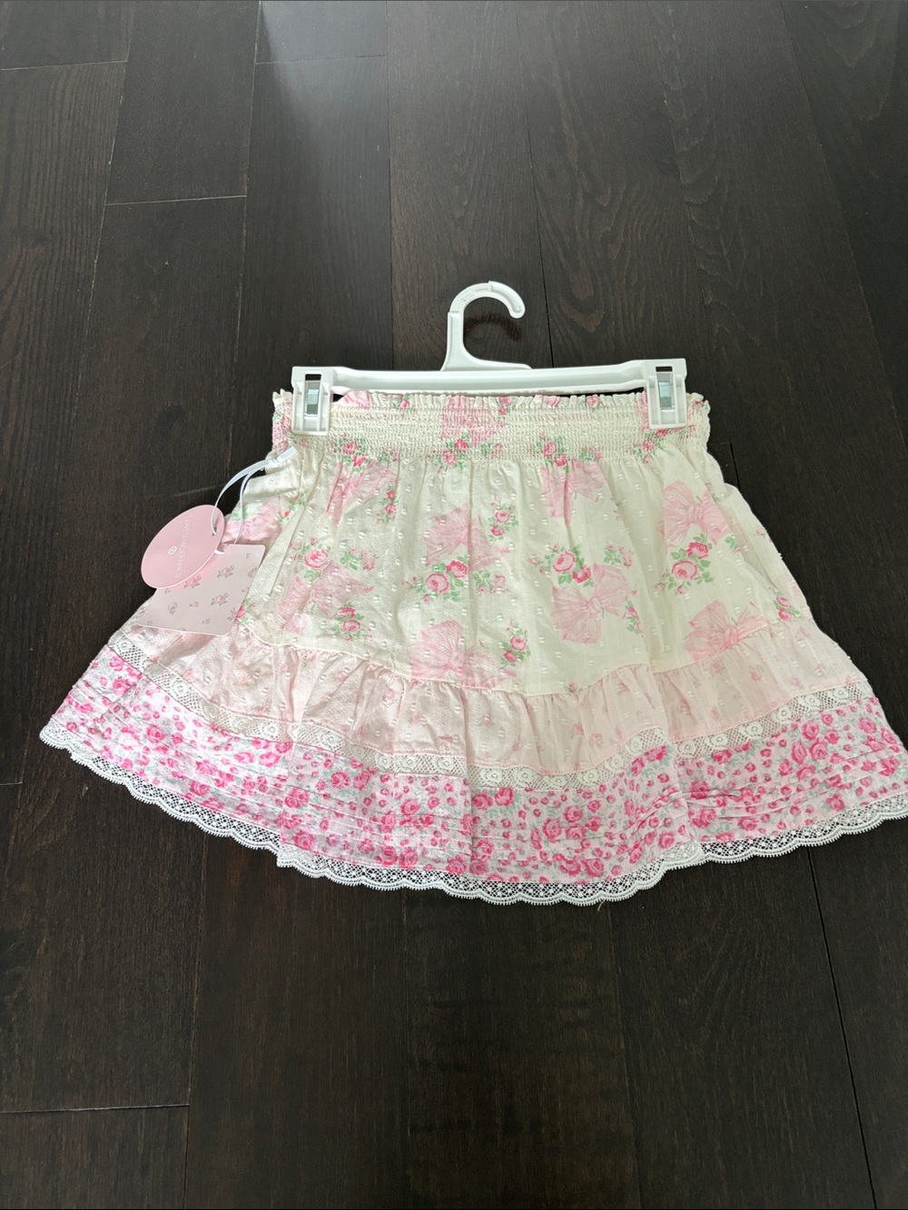 LoveShackFancy Cream and Pink Floral Tiered Girls Skirt